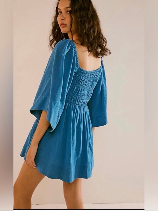 Free People Sunnier With You Blue Smocked Square-Neck Mini Dress XS - Picture 2 of 13